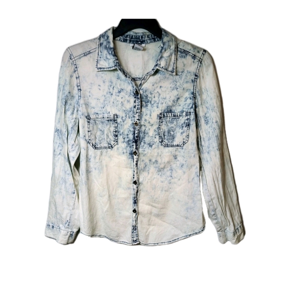 Vtg Wmns Prototype Acid Wash Blue Chambray Button Down W/Lace Back Panel M Y2K
